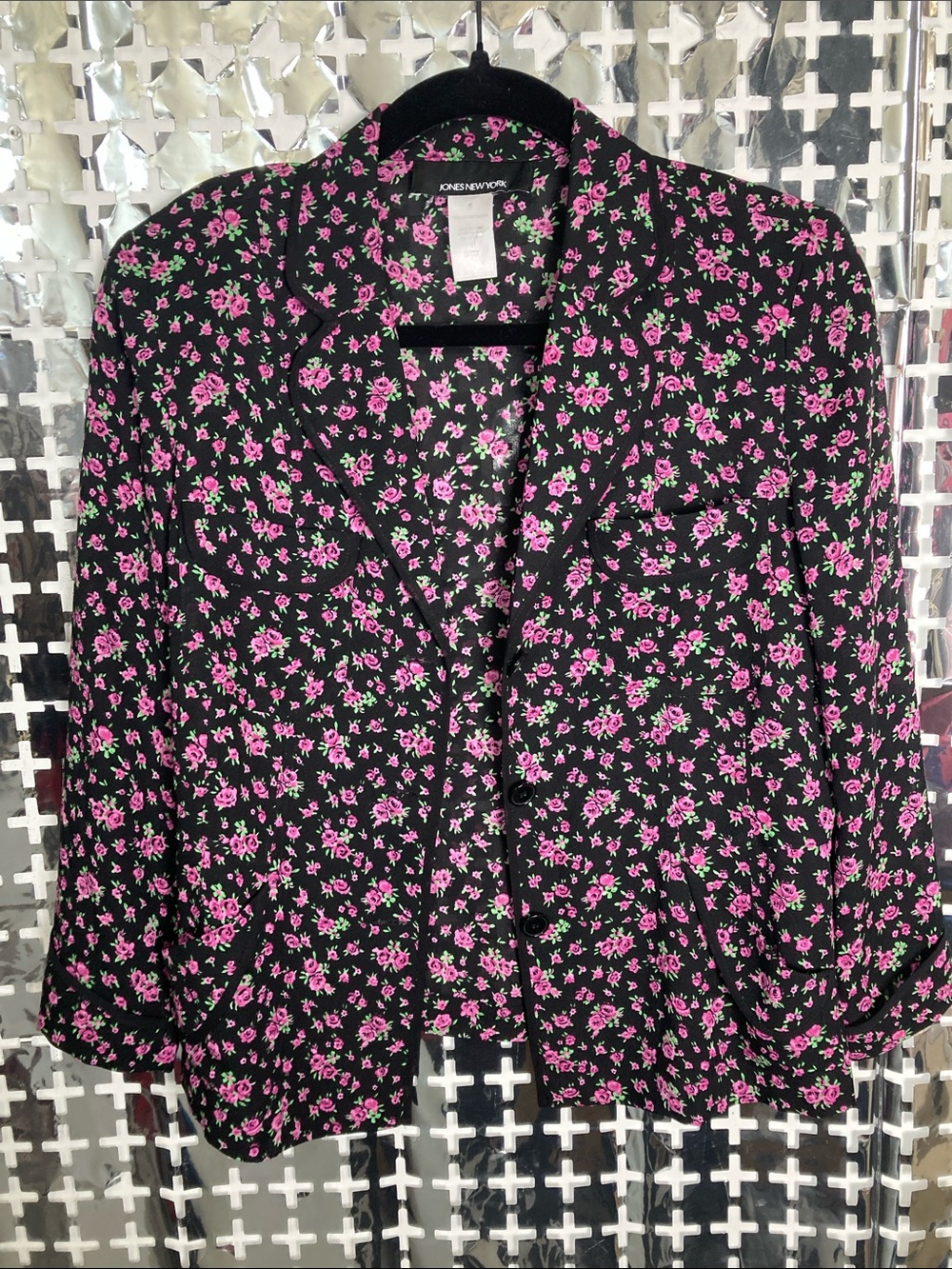 Jones New York 2 Piece Set Black Blouse and Skirt with Pink Floral Print